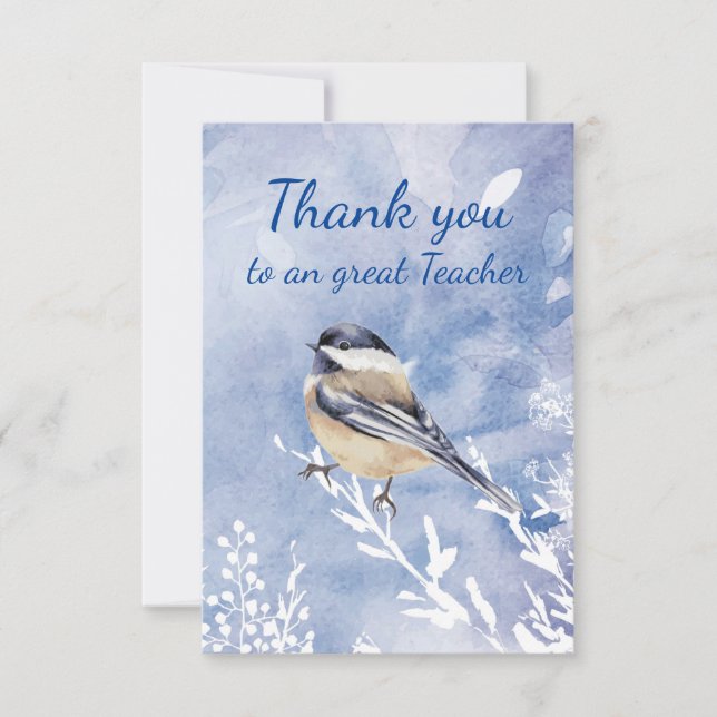 Cartão De Agradecimento Thank You Teacher Watercolor Chickadee Winter (Frente)