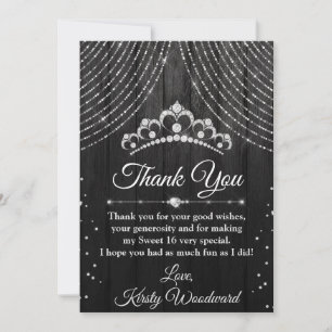 Cartão De Agradecimento Tiara de Diamante Prata & Preto Sweet 16