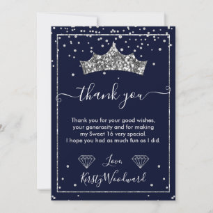 Cartão De Agradecimento Tiaro de Confetes de Diamante de Prata Sweet 16