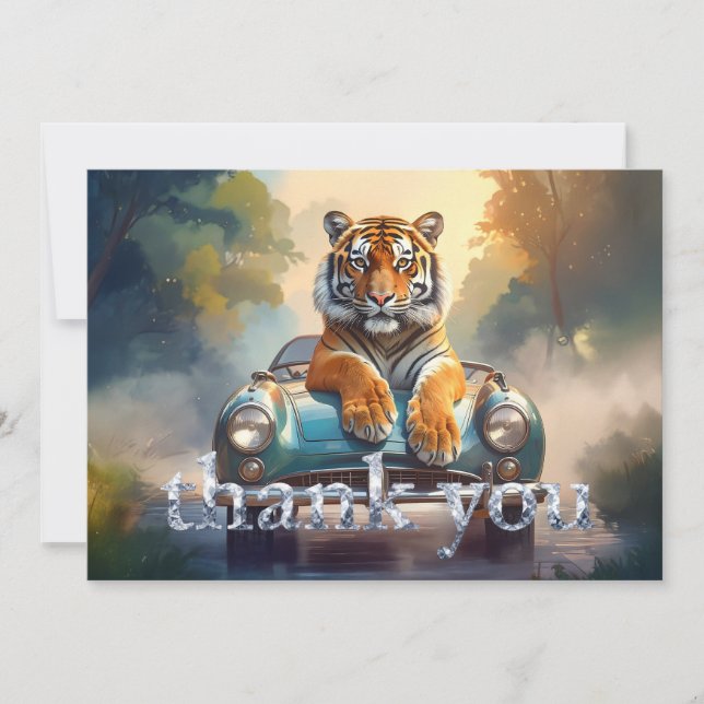 Cartão De Agradecimento Tiger sitting on a sports car  (Frente)