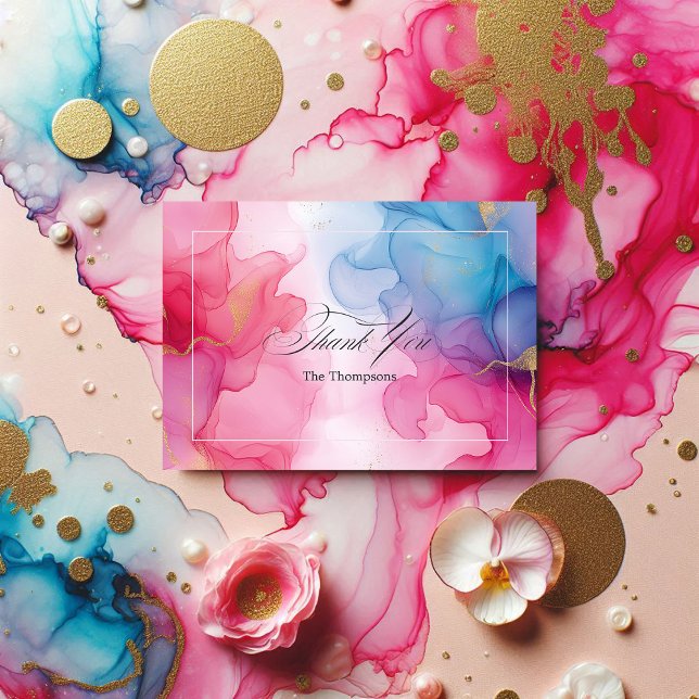 Cartão De Agradecimento Tinta Alcoólica Rosa e Azul com Acentos Dourados (Pink and Blue Alcohol Ink with Gold Accents Thank You Card)