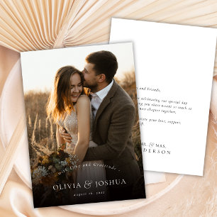 Cartão De Agradecimento Tipografia Clássica Casamento de Foto Única Elegan
