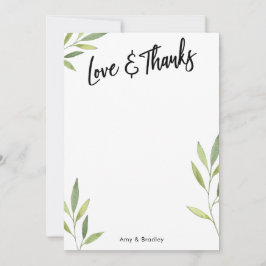 Cartão De Agradecimento Tipografia de Amor e Obrigados, Folhagem de Aquare