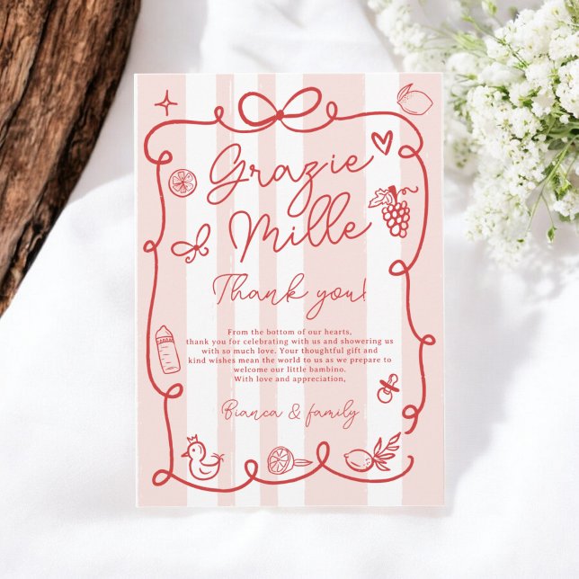 Cartão De Agradecimento Tiras Rosa Vermelhas - Chá de fraldas Ciao Conside (Red Pink Stripes Italian-Themed Ciao Baby Shower Thank You Card)