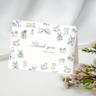 Cartão De Agradecimento Toile De Jouy Chás de Bebê Menino Arco Azul