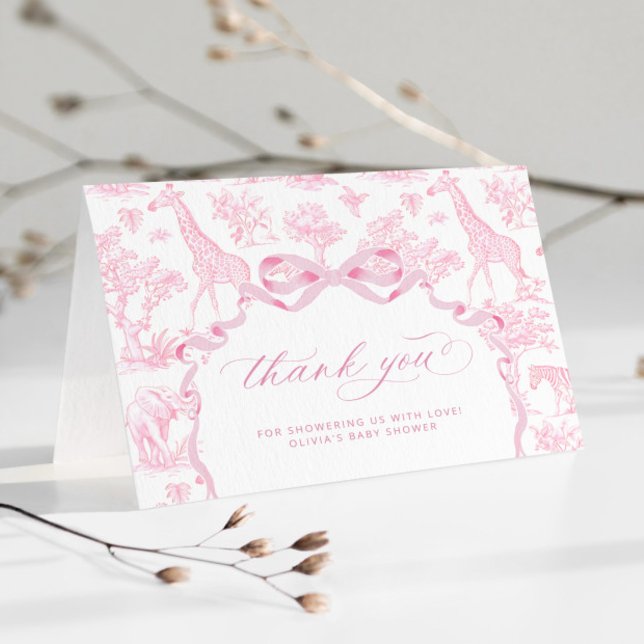 Cartão De Agradecimento Toile de Jouy Safari animais Chá de fraldas rosa (Criador carregado)