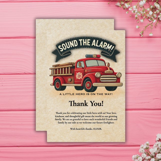Cartão De Agradecimento Toque o Alarme! Chá de Bebê Caminhão de Bombeiros  (Criador carregado)