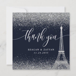 Cartão De Agradecimento Torre Eiffel de Paris Casamento Prata Azul-Marinho