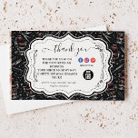 Cartão De Agradecimento Traditional Barber Tools Classic Grooming<br><div class="desc">A bold, classic barbershop design featuring illustrated grooming tools like scissors, razors, clippers, and combs arranged in a striking vintage composition. The deep charcoal background with subtle metallic tones creates a strong, masculine aesthetic inspired by traditional barber culture. An elegant ornamental label frame in the center keeps the layout clean...</div>