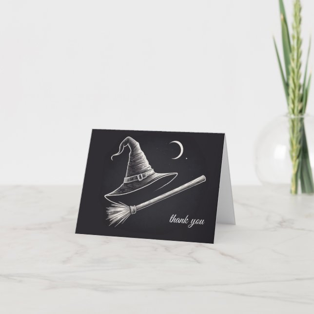 Cartão De Agradecimento Trendy Spooky Halloween Chapéu de bruxa e vassoura (Frente)