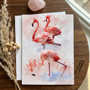 Cartão De Agradecimento Três Flamingos Rosa Aquarela