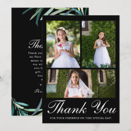 Cartão De Agradecimento Três Foto Greenery 1º Communion Black