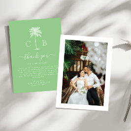Cartão De Agradecimento Tropical Green Palm Initials Photo Wedding 