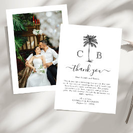 Cartão De Agradecimento Tropical Simple Palm Initials Photo Wedding 