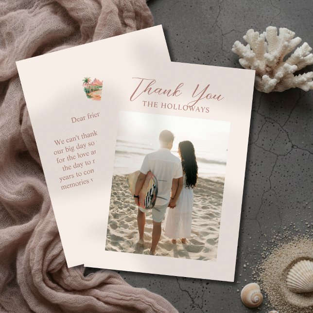 Cartão De Agradecimento Tropical Sunset Island Watercolor Wedding Photo (Tropical Sunset Island Watercolor Wedding Photo Thank You Card)