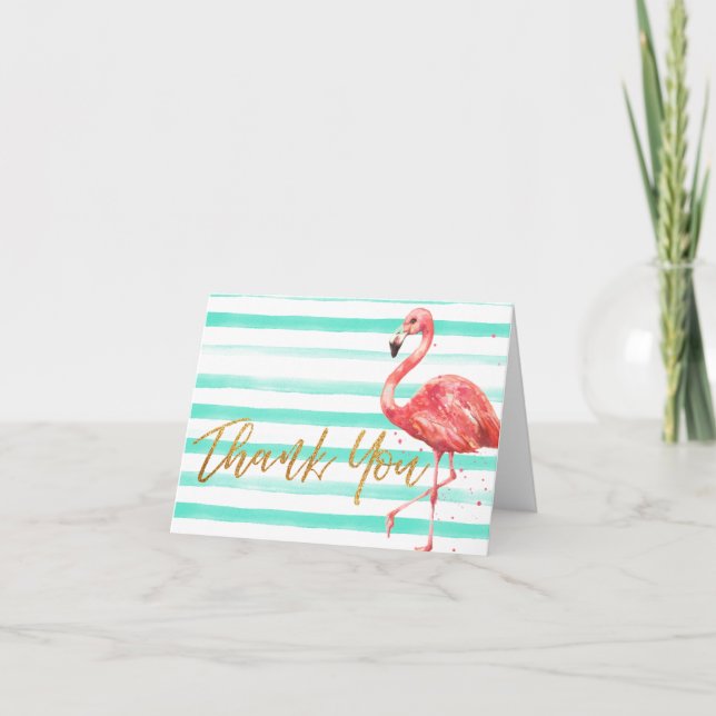 Cartão De Agradecimento Tropical Watercolor Flamingo Dourada | Obrigado (Frente)