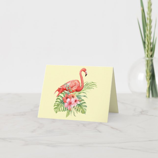 Cartão De Agradecimento Tropical Watercolor Flamingos & Hibiscus Obrigado (Frente)
