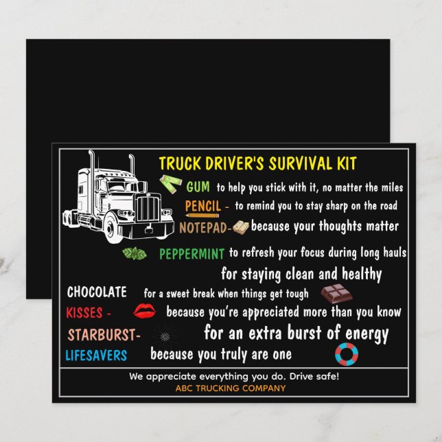 Cartão De Agradecimento Truck Driver’s Survival Kit Funny & Thoughtful  (Frente/Verso)