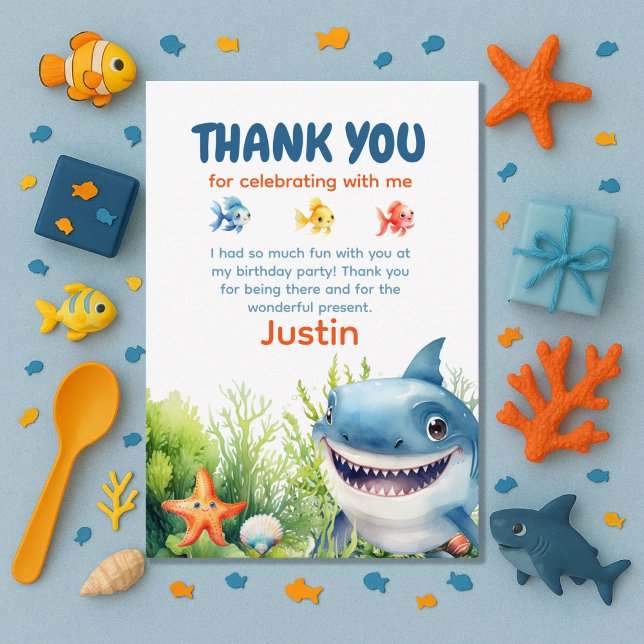 Cartão De Agradecimento Tubarão Feliz de Aniversário Debaixo do Mar Obriga (Happy Shark Under the Sea birthday party thank you card)