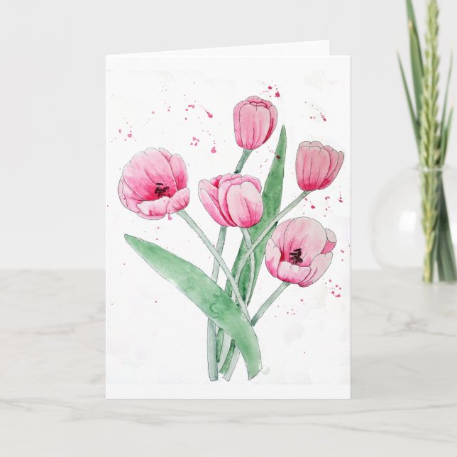 Cartão De Agradecimento Tulipas Rosa em Aquarelas (Frente)