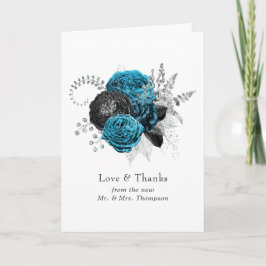 Cartão De Agradecimento Turquesa - Azul-marinho Preto e Casamento Floral P
