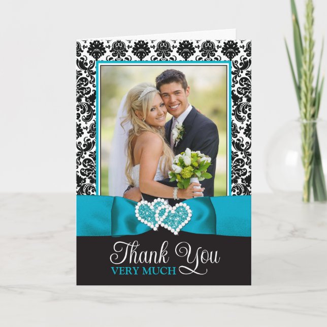 Cartão De Agradecimento Turquesa, Black Damask Love Heart Casamento (Frente)