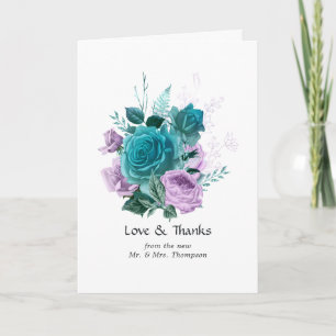 Cartão De Agradecimento Turquesa e Lavanda Floral Casamento