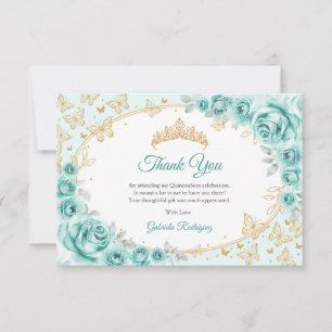 Cartão De Agradecimento Turquesa Floral Dourada Quinceanera