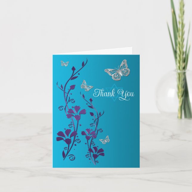 Cartão De Agradecimento Turquesa, Floral Roxo, Borboletas Obrigada (Frente)