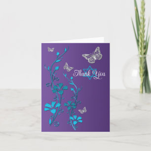 Cartão De Agradecimento Turquesa, Floral Roxo, Borboletas Obrigado