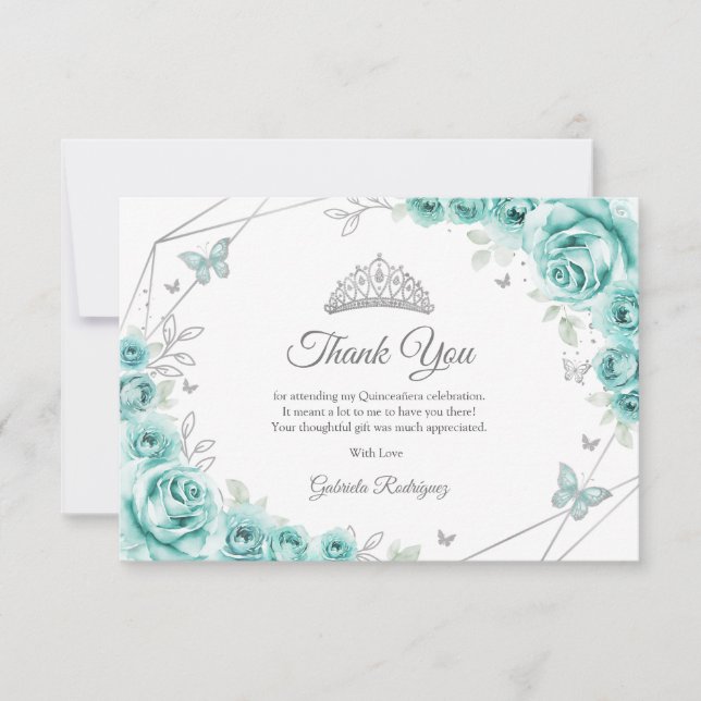 Cartão De Agradecimento Turquoise Silver Floral Quinceanera (Frente)