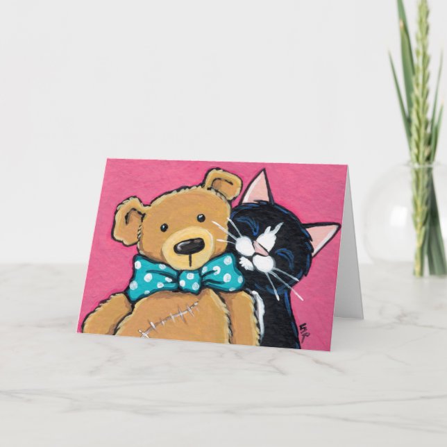 Cartão De Agradecimento Tuxedo Cat e Teddy Bear Obrigado (Frente)