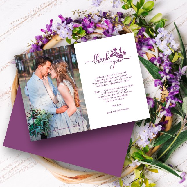 Cartão De Agradecimento Twilight Lavender Floral Wreath Photo Wedding (Criador carregado)