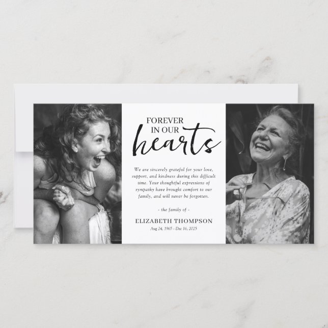 Cartão De Agradecimento Two Photo Black & White Funeral Thank You (Frente)