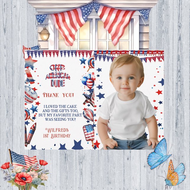 Cartão De Agradecimento Um americano 4 de julho Red White Blue Birthday (One American Dude 4 July Red White Blue Birthday Thank You Card)