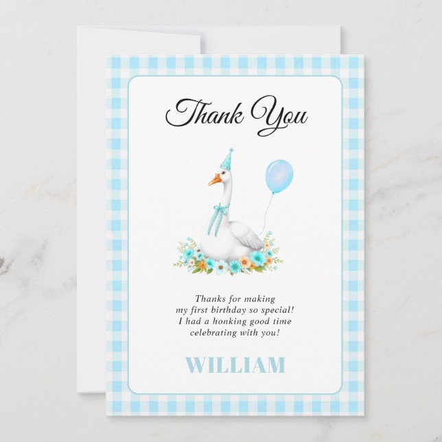 Cartão De Agradecimento Um bobo azul primeiro aniversario do garoto ganso (Frente)