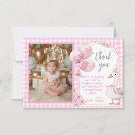 CARTÃO DE AGRADECIMENTO UM BOBO GOOSE PINK GINGHAM PRIMEIRO ANIVERSARIO