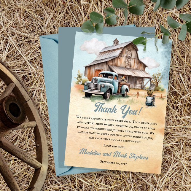 Cartão De Agradecimento Um Pequeno Agricultor Bonito Está A Caminho De Chá ("A Cute Little Farm Boy Is On His Way!" Rustic Barn and Vintage Truck Boy Baby Shower Thank You Card)