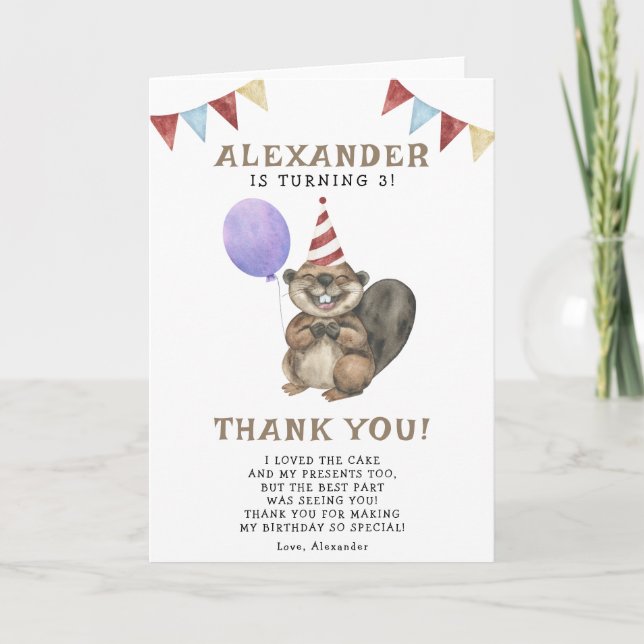 Cartão De Agradecimento Um pequeno castor 3ª Festa de aniversário (Frente)