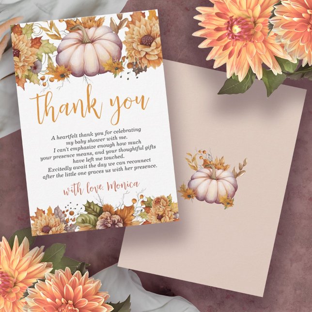 Cartão De Agradecimento Um Pequeno Chá de fraldas Floral de outono de Abób (A Little Pumpkin Watercolor Girl Pink Baby Shower Thank You Card)