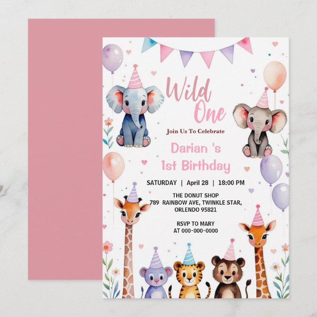 Cartão De Agradecimento Um Selvagem Animais Fofos Balão meninas 1º Anivers (Frente/Verso)