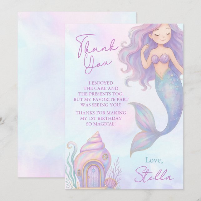 Cartão De Agradecimento Under the Sea Mermaid Sea Purple Girl 1st Birthday (Frente/Verso)
