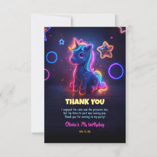 Cartão De Agradecimento Unicorn Neon Festa de aniversário Obrigado