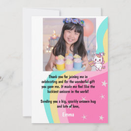 Cartão De Agradecimento Unicórnio Rosa Aniversário Personalizado