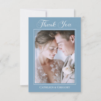 Cartão De Agradecimento Upload de Foto Caligrafia de Casamento Floral Azul
