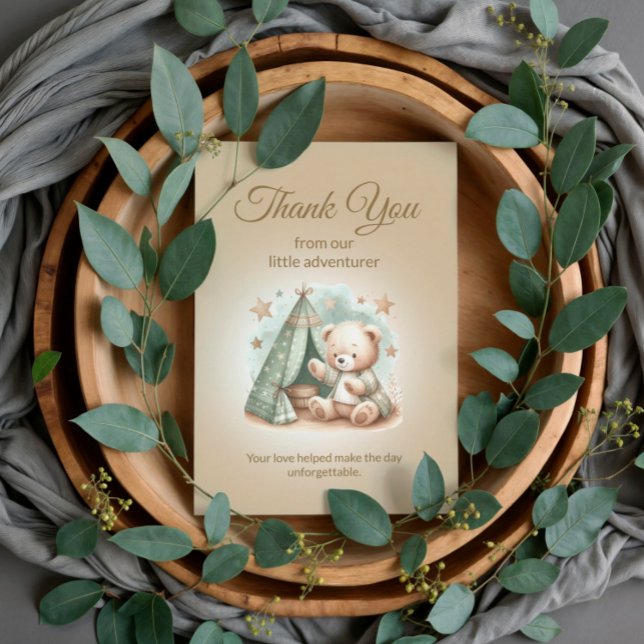 Cartão De Agradecimento Ursinho Aventureiro Rústico Bebê Urso (Thank you from our little adventurer teddy bear baby shower thank you card)