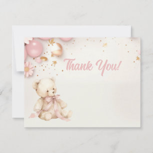 Cartão De Agradecimento Ursinho de pelúcia rosa pastel champanhe dourado M