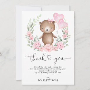 Cartão De Agradecimento Ursinho Teddy Chic Balões Rosa Aniversário Menina