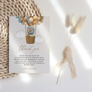Cartão De Agradecimento Urso Bastante, Balões Azuis, Primeiro Aniversário