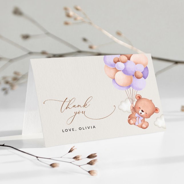 Cartão De Agradecimento Urso-Bebê, Urso-Bonito, Balões-Roxos, Chá de frald (Criador carregado)